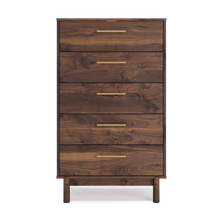 Benjara Kip 50 Inch 5 Drawer Modern Tall Dresser Chest, Dark Brown, Gold Handles image - 1