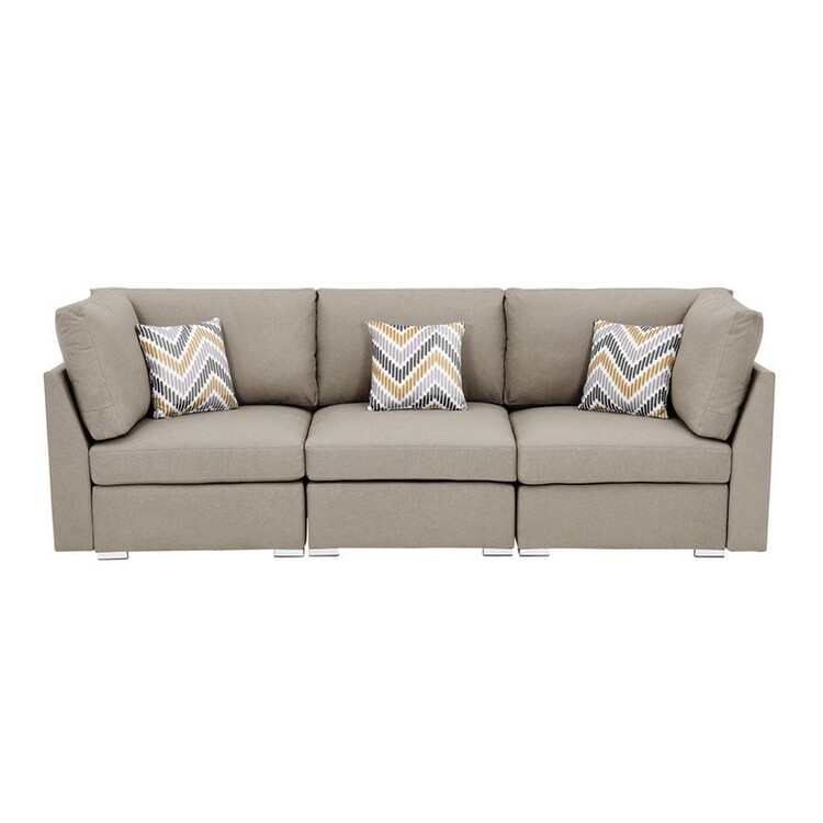 Benjara Niyam 95 Inch Modern Sofa Couch in Wood Frame, Padded Seats, Pillows, Gray image - 1