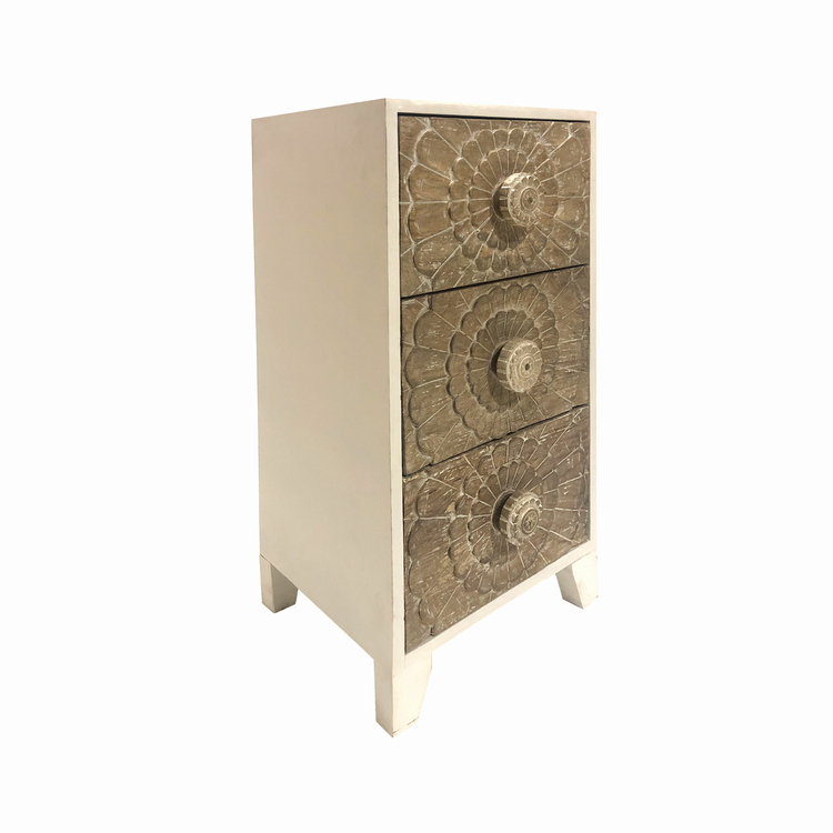 The Urban Port 3 Drawer Mango Wood Accent Storage Cabinet with Detailed Front Panels, White and Brown image - 1