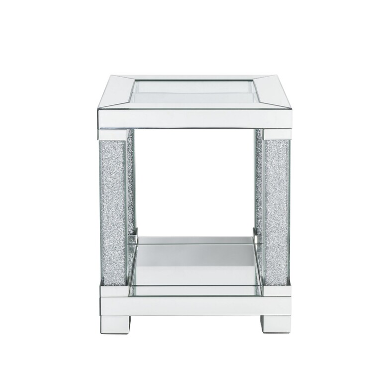 Benjara End Table with Faux Gemstone Accents and Mirrored Open Bottom Shelf, Silver image - 1