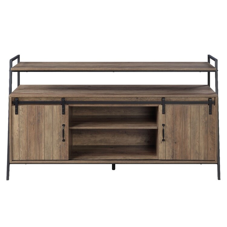Benjara TV Stand with 2 Sliding Barn Doors and Tubular Frame, Oak Brown image - 1