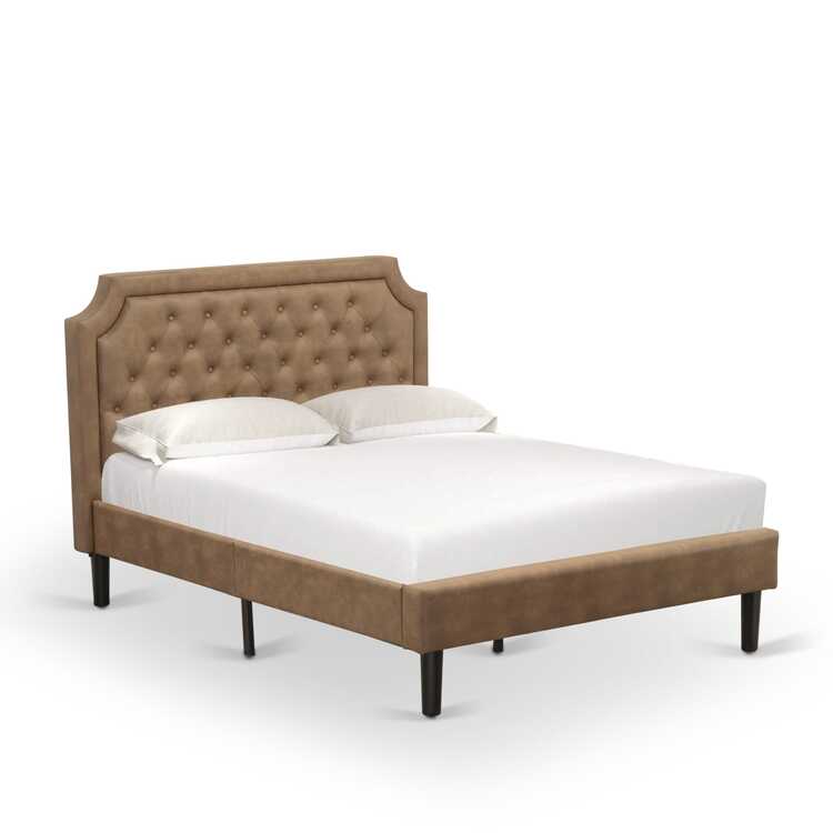 East West Furniture GB28F-1BF07 2-Piece Platform Bedroom Set with Button Tufted Bed Frame and a Distressed Jacobean Mid Century Modern Nightstand - Brown Faux Leather with Brown Texture and Black Legs image - 1