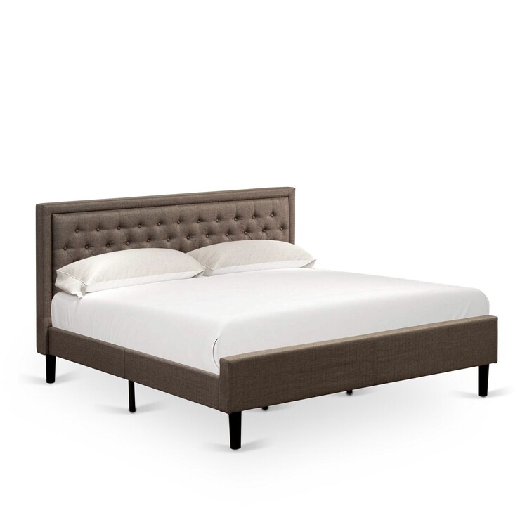 King Size Bed Set Brown Linen Padded Headboard Night Stands Black Legs image - 1