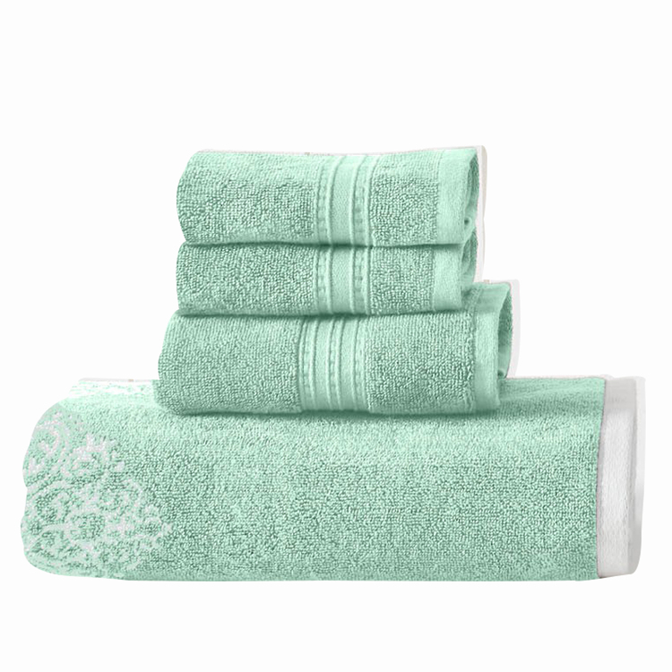 Benjara Eula Modern 6 Piece Cotton Towel Set, Stylish Damask Pattern, Sage Green image - 1
