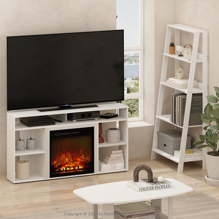 Furinno Jensen Corner TV Stand with Fireplace for TV up to 55 Inches, Solid White image - 1