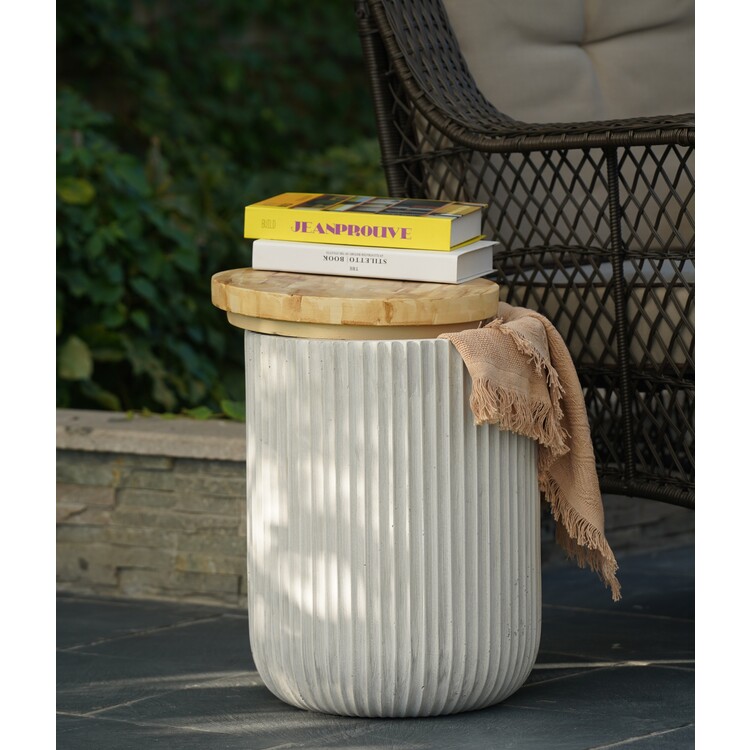 LuxenHome Gray Cement and Faux Wood Top Indoor Outdoor Side and End Table with Storage image - 1