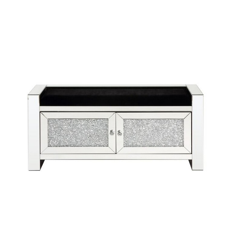 Benjara Mirrored Bench with Faux Diamonds and 2 Cabinets, Silver image - 1