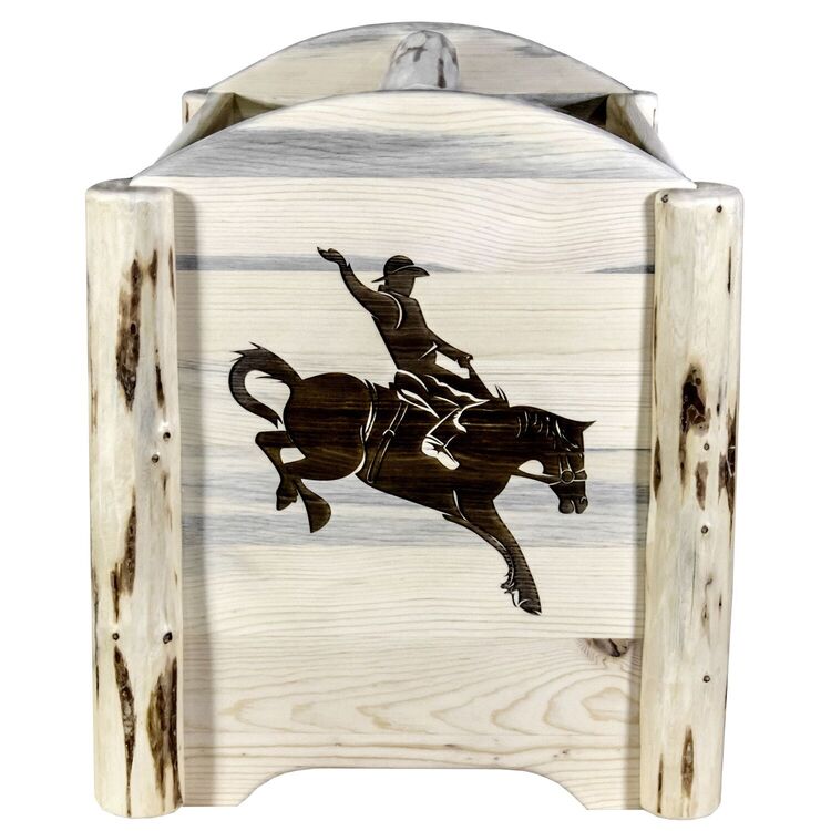Montana Collection Magazine Rack w/ Laser Engraved Bronc Design, Clear Lacquer Finish image - 1