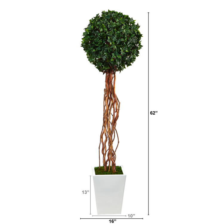 Nearly Natural 62in. English Ivy Single Ball Artificial Topiary Tree in White Metal Planter UV Resistant (Indoor/Outdoor) image - 1