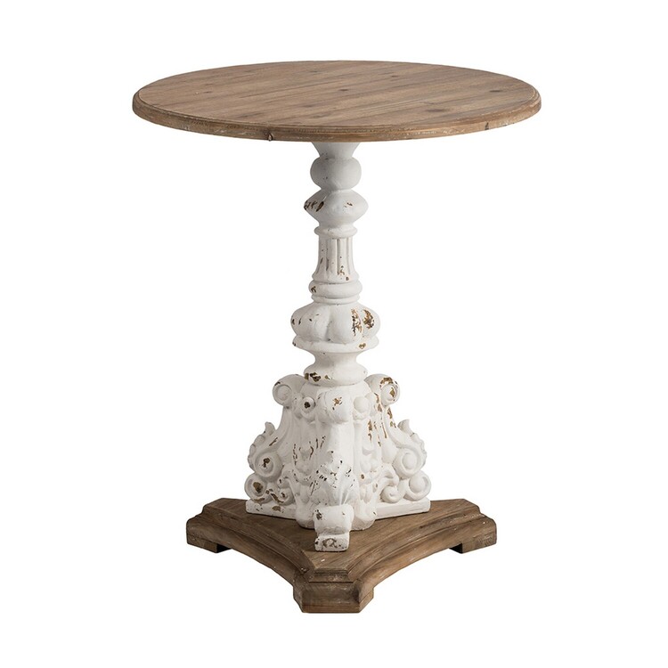 Benjara Prana 31 Inch Round Accent Table, Expertly Carved Fir Wood, Brown, Antique White image - 1