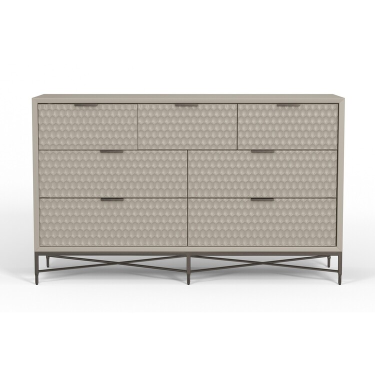 Benjara Rexi 56 Inch 7 Drawer Dresser, Honeycomb Pattern, Mahogany Wood, Taupe Gray image - 1