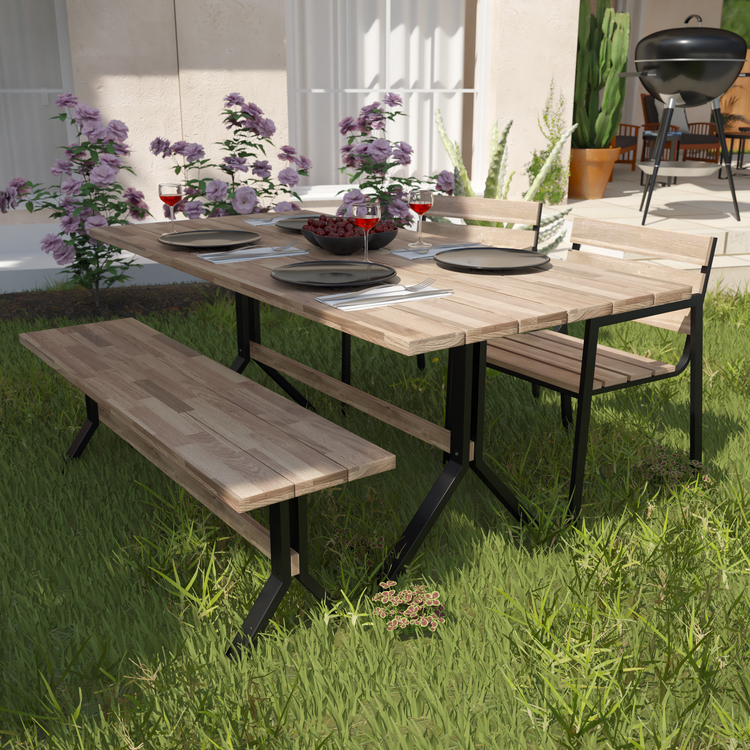 slatted outdoor dining table