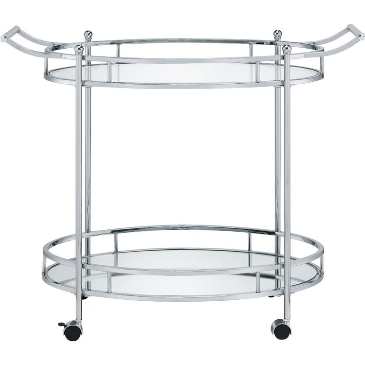 Benjara Serving Cart with Tubular Frame and 2 Tier Glass Shelves, Chrome image - 1