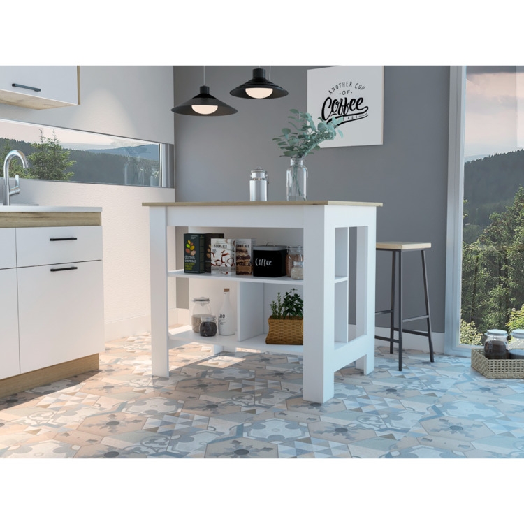 TUHOME Cala Kitchen Island, Three Shelves, Four Legs -Light Oak / White - Kitchen image - 1