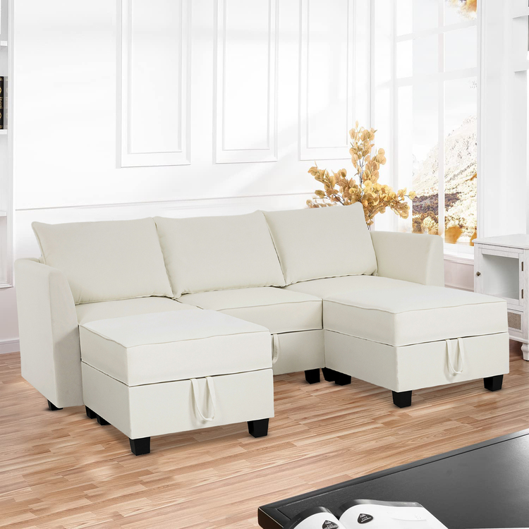 Fabric: Linen Style: Sofa with Double Ottoman Finish: White Down