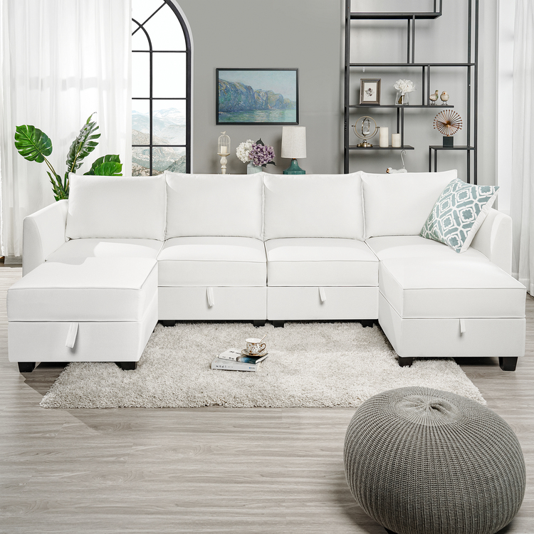 Fabric: Linen Style: 4 Piece Modular Sectional with Double Ottoman Finish: White Down
