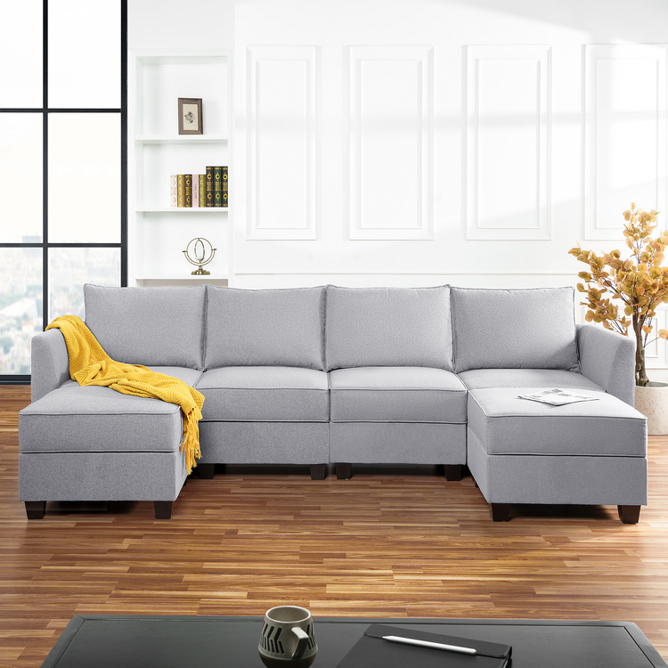 Finish: Gray Fabric: Linen Style: 4 Piece Modular Sectional with Double Ottoman