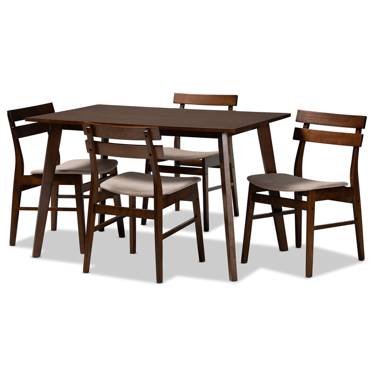 Baxton Studio Eleri Mid-Century Modern Transitional Light Beige Fabric Upholstered and Walnut Brown Finished Wood 5-Piece Dining Set image - 1