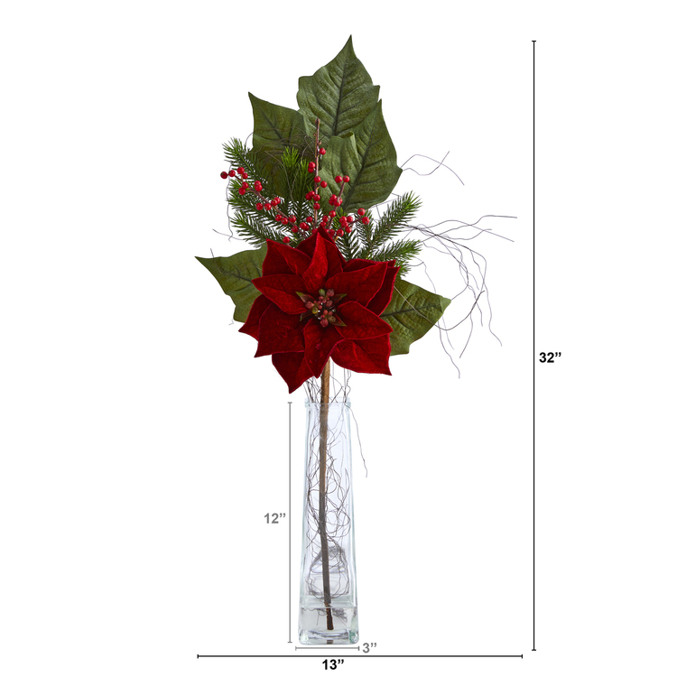 Nearly Natural 32in. Poinsettia, Berries and Pine Artificial Arrangement in Glass Vase image - 1