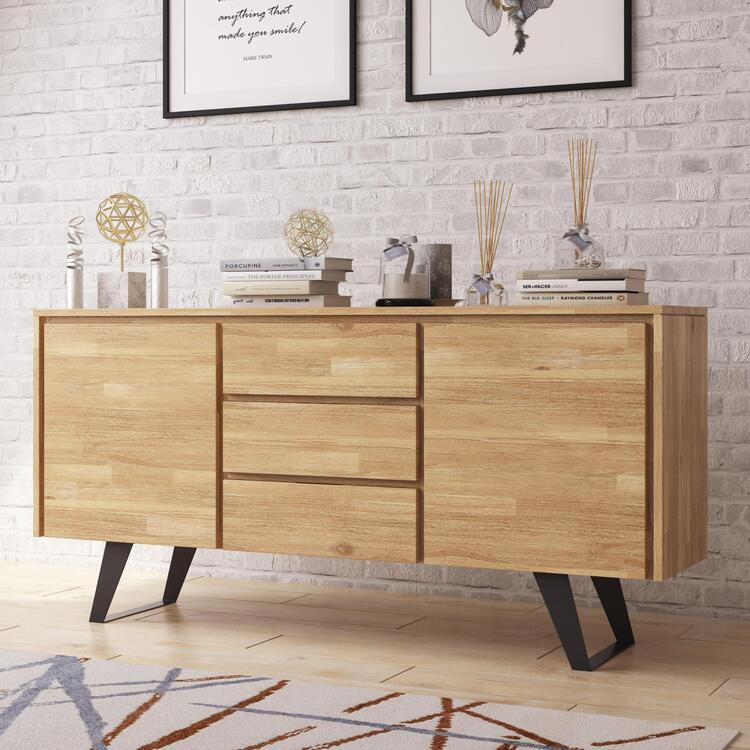 Simpli Home Lowry Solid Acacia Wood and Metal 60 inch Wide Modern Industrial Sideboard Buffet in Distressed Grey image - 1