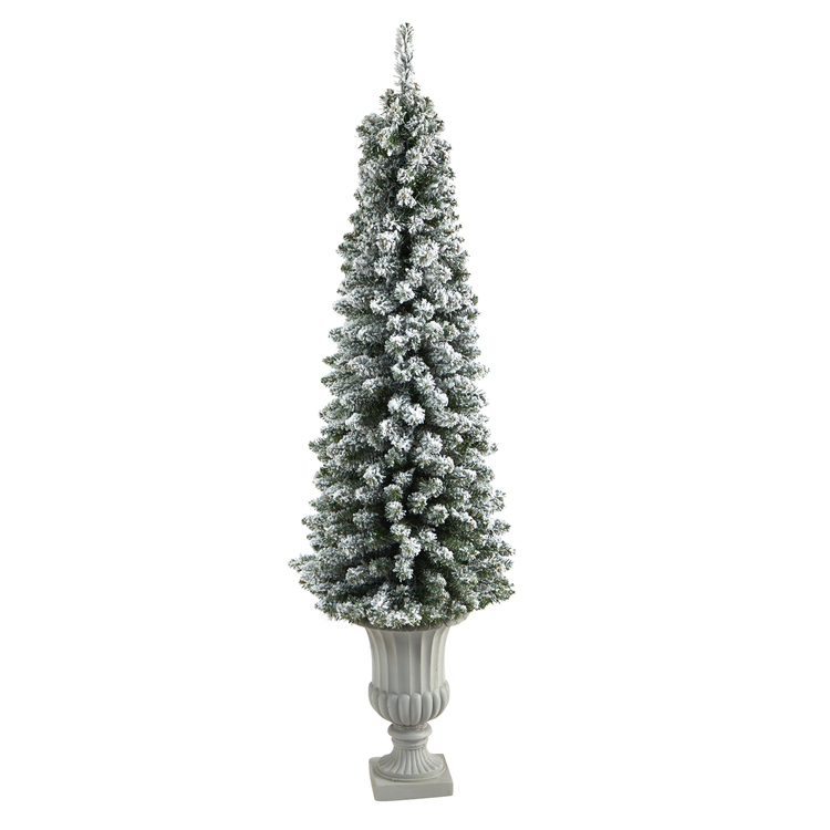 Nearly Natural 5.5ft. Flocked Pencil Artificial Christmas Tree with 200 Clear Lights and 318 Bendable Branches in Decorative Urn - Image 8