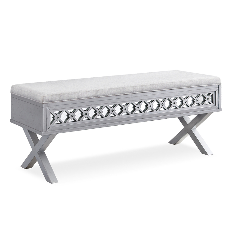 Leick Home 10142-SV Mirrored Diamond Filigree X Base Lift Top Bench with Storage for Bedroom or Foyer, Silver Leaf image - 1
