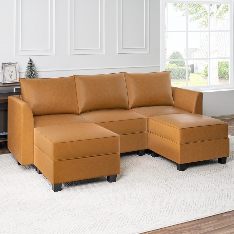 Color: Caramel Fabric: Air Leather Style: Sofa with Double Ottoman