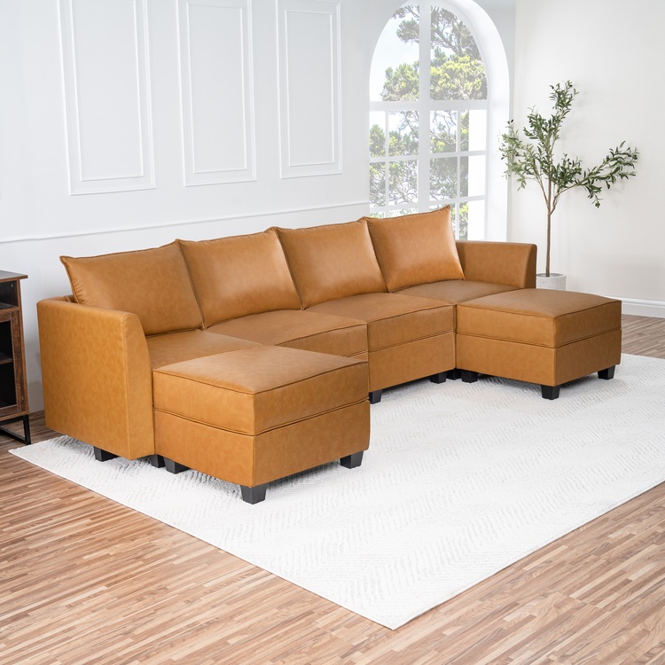 Color: Caramel Fabric: Air Leather Style: 4 Piece Modular Sectional with Double Ottoman