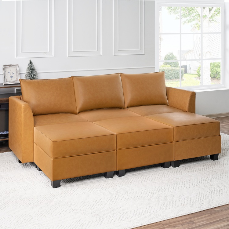 Color: Caramel Fabric: Air Leather Style: Sofa with triple ottoman