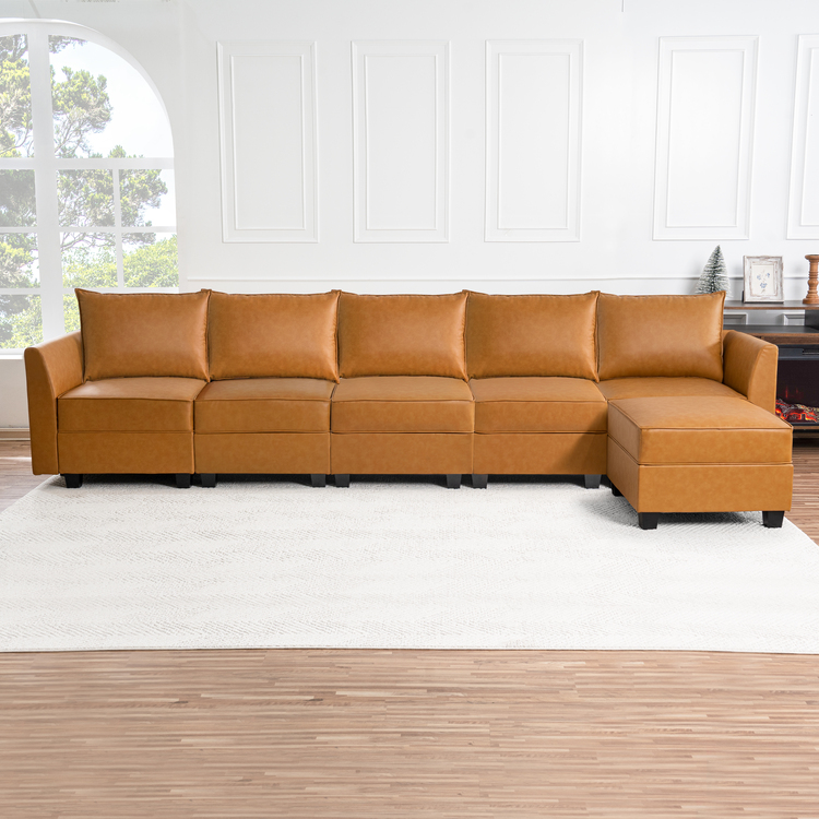 Color: Caramel Fabric: Air Leather Style: 5 Piece Modular Sectional with ottoman