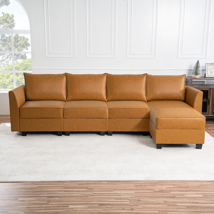 Color: Caramel Fabric: Air Leather Style: 4 Piece Modular Sectional with Ottoman