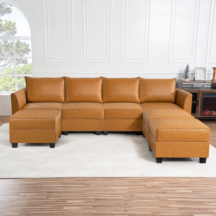 Color: Caramel Fabric: Air Leather Style: 4 Piece Modular Sectional with Triple Ottoman