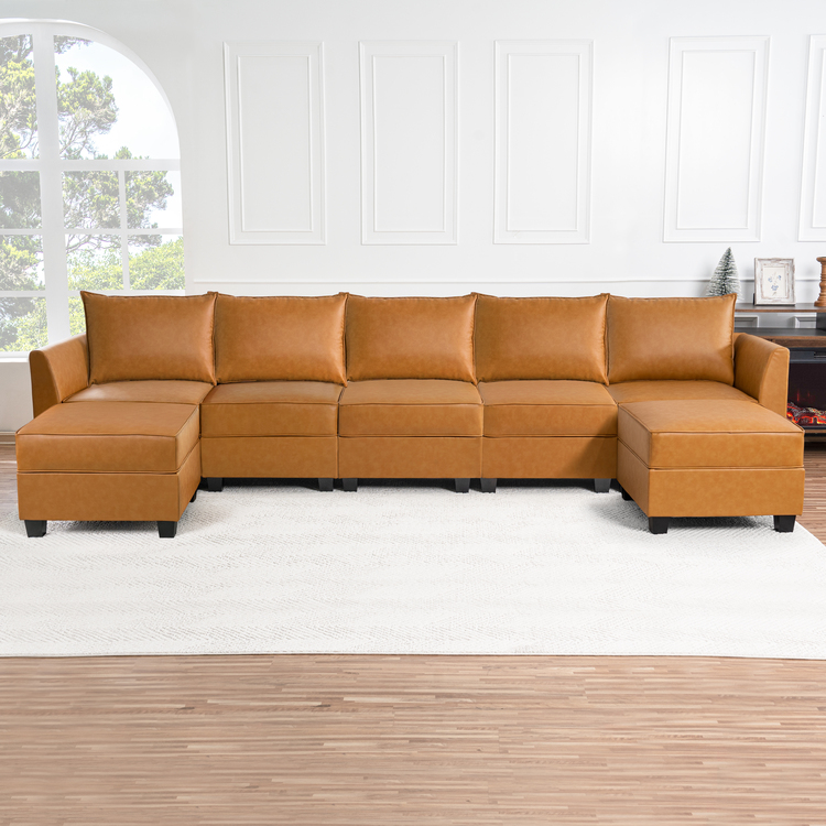 Color: Caramel Fabric: Air Leather Style: 5 Piece Modular Sectional With Double Ottoman