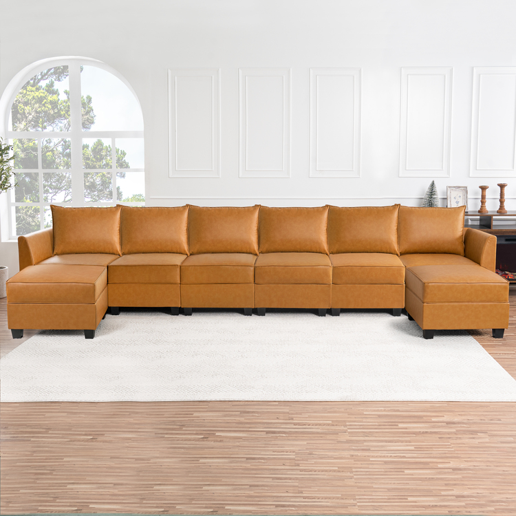 Color: Caramel Fabric: Air Leather Style: 6 Piece Modular Sectional With Double Ottoman