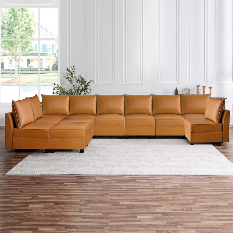 Color: Caramel Fabric: Air Leather Style: 9 Piece Modular Sectional With Double Ottoman