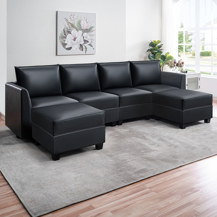 Color: Black Fabric: Air Leather Style: 4 Piece Modular Sectional with Double Ottoman