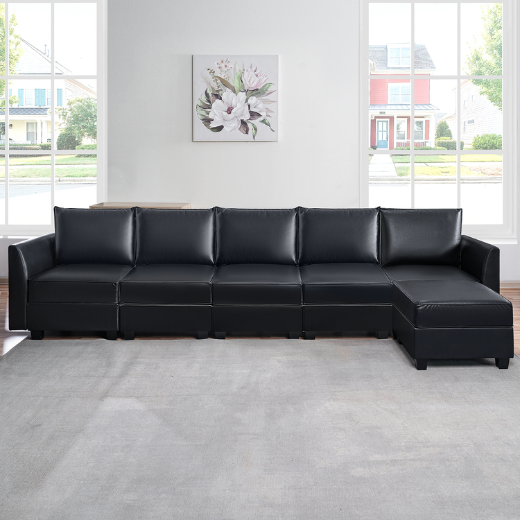 Color: Black Fabric: Air Leather Style: 5 Piece Modular Sectional with ottoman