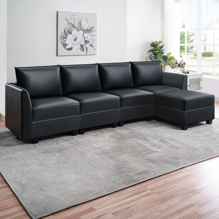 Color: Black Fabric: Air Leather Style: 4 Piece Modular Sectional with Ottoman
