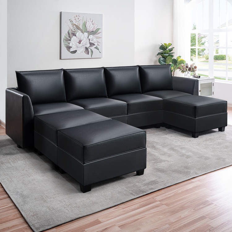 Color: Black Fabric: Air Leather Style: 4 Piece Modular Sectional with Triple Ottoman