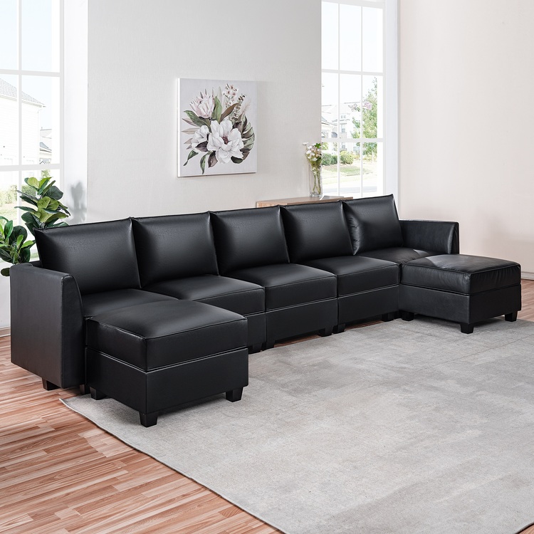 Color: Black Fabric: Air Leather Style: 5 Piece Modular Sectional With Double Ottoman