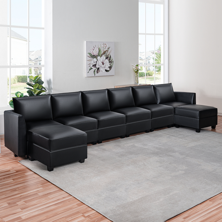 Color: Black Fabric: Air Leather Style: 6 Piece Modular Sectional With Double Ottoman