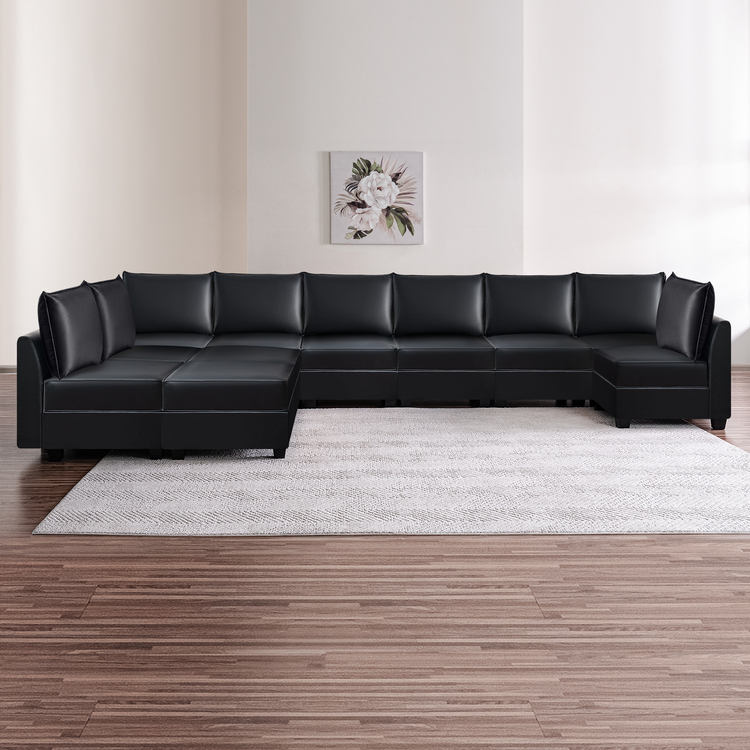 Color: Black Fabric: Air Leather Style: 9 Piece Modular Sectional With Double Ottoman