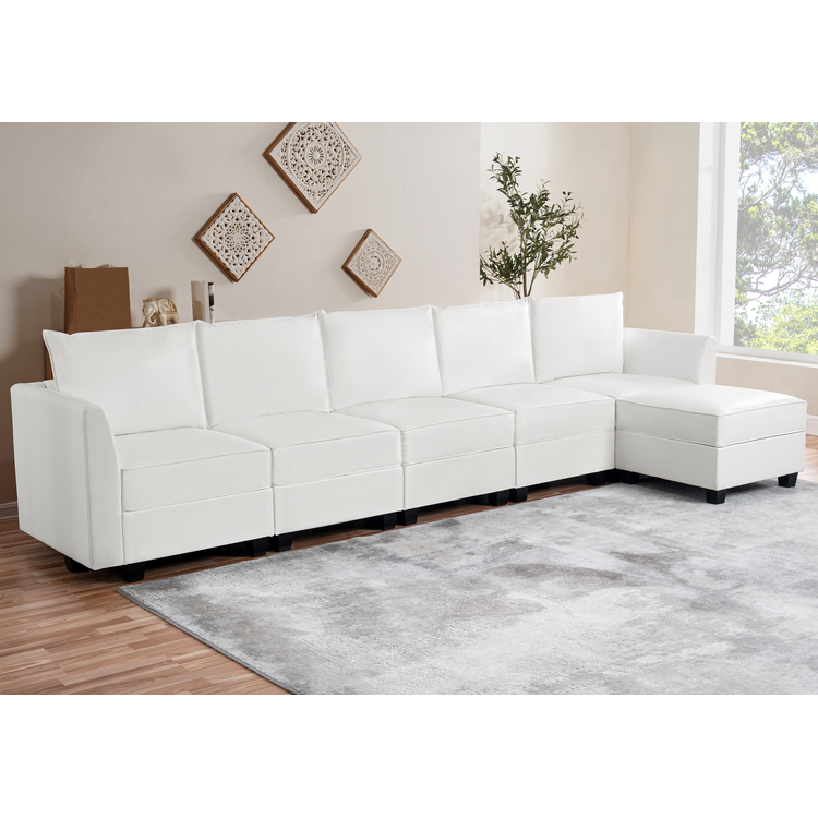 Color: Bright White Fabric: Air Leather Style: 5 Piece Modular Sectional with ottoman