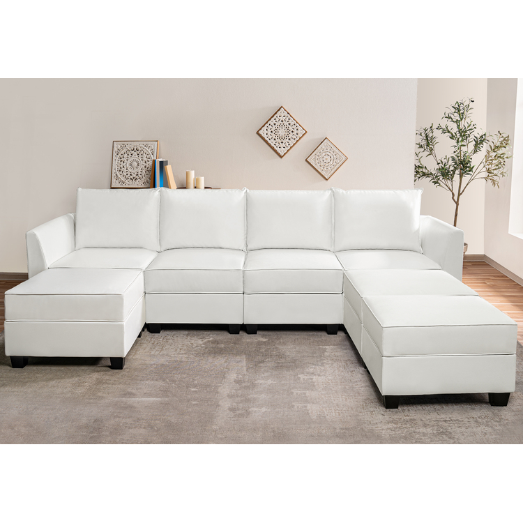 Color: Bright White Fabric: Air Leather Style: 4 Piece Modular Sectional with Triple Ottoman