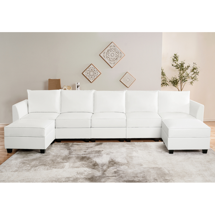 Color: Bright White Fabric: Air Leather Style: 5 Piece Modular Sectional With Double Ottoman