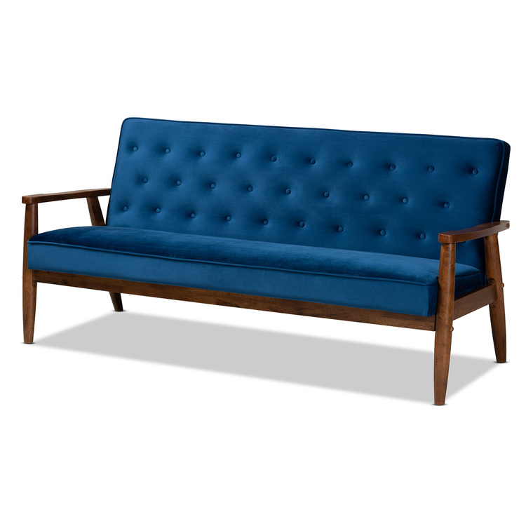 Mid - Century Modern Navy Blue Velvet Sofa Walnut Wood Finish 3 - Seater - WholeSale Interiors image - 1