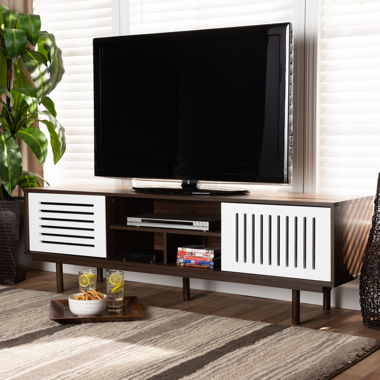 Baxton Studio Meike Mid-Century Modern Two-Tone Walnut Brown and White Finished Wood TV Stand image - 1