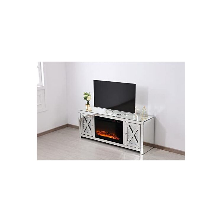 Elegant Decor Crystal Mirrored TV Stand with Fireplace - Thumbnail 4