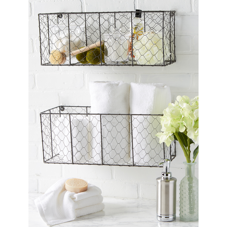 Vintage Wire Wall Baskets Set of 2 Large Rectangular Grey Industrial Style - Design Imports - Image 6