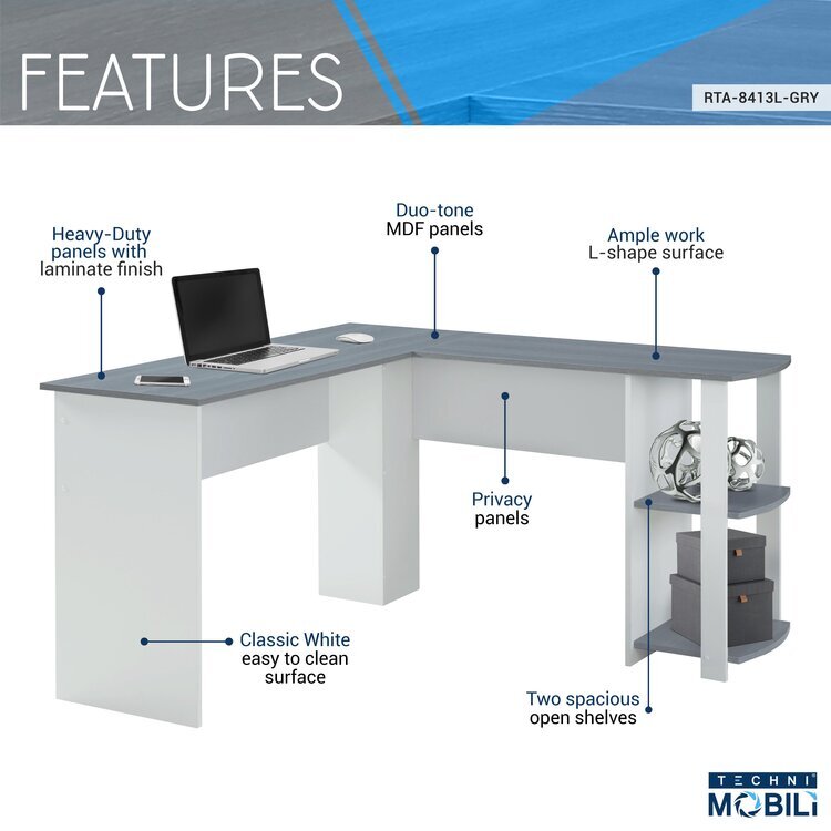 Techni Mobili Modern L-Shaped Desk with Shelves - Grey Home Office Desk ...